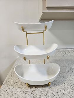 HOMKULA 3-Tier Ceramic Fruit Bowl with Gold Stand