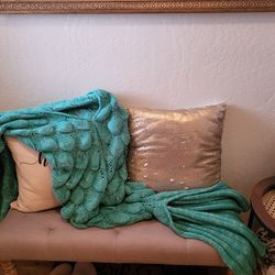 Light Teal Knit Mermaid Tail/Fin Cuddle Blanket For Couch or Bed Plus Gold Sequin Pillow