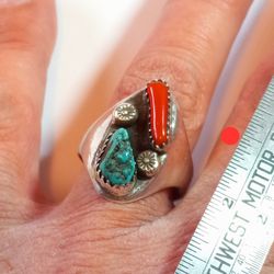 $60! Awesome Size 10.5 925 Sterling Silver Turquoise And Coral Navajo Made Ring 
