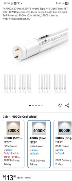 PARMIDA 20-Pack LED T8 Hybrid Type A+B Light Tube, 4FT, 18W (40W Replacement), Clear Cover, Single-End OR Dual-End Powered, 4000K (Cool White), 2200lm