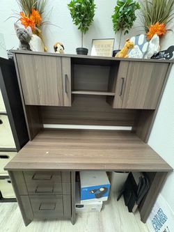 Gray Wood Desk with Hutch and Drawers
