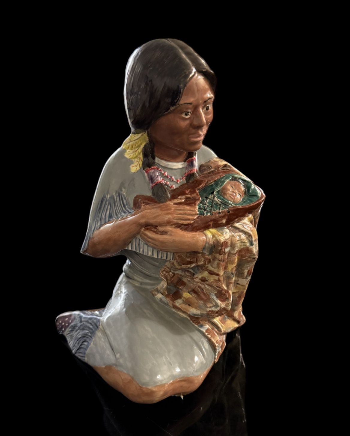 Vtg ceramic hand painted Native American Indian with Baby 10in