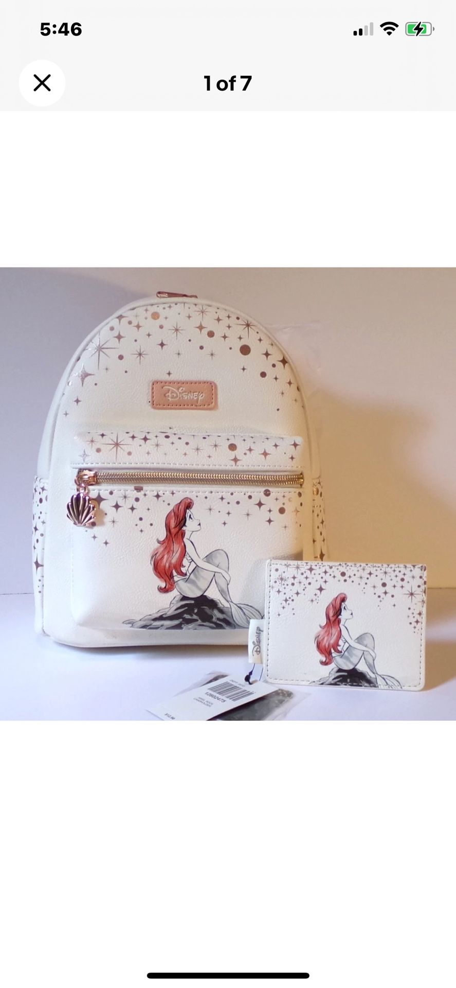 LOUNGEFLY DISNEY LITTLE MERMAID ROSE GOLD ROCK MINI BACKPACK & CARD HOLDER NEW