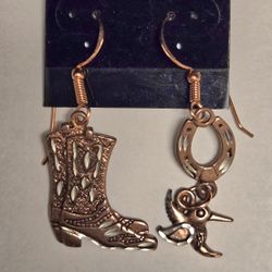 Copper Tone Western Boot and Horseshoe Hook Dangle Earrings Signed