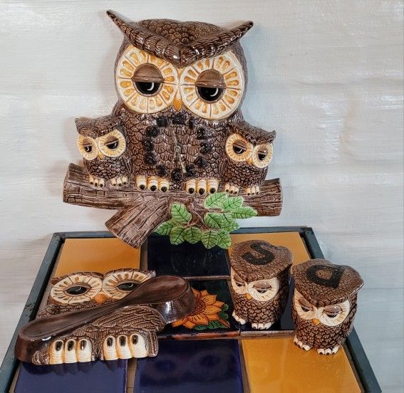 Vintage, Ceramic Owl Clock, Owl Spoon Rest, and Owl Salt & Pepper Shaker, Sittre and Mary