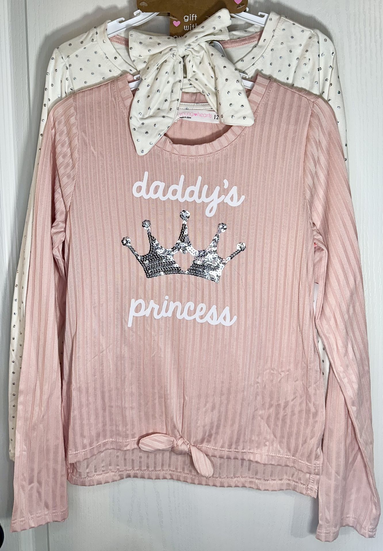 3 Piece Girls Pink "Daddy's Princess" Long Sleeve Top & Polka Dot Bow Set 12