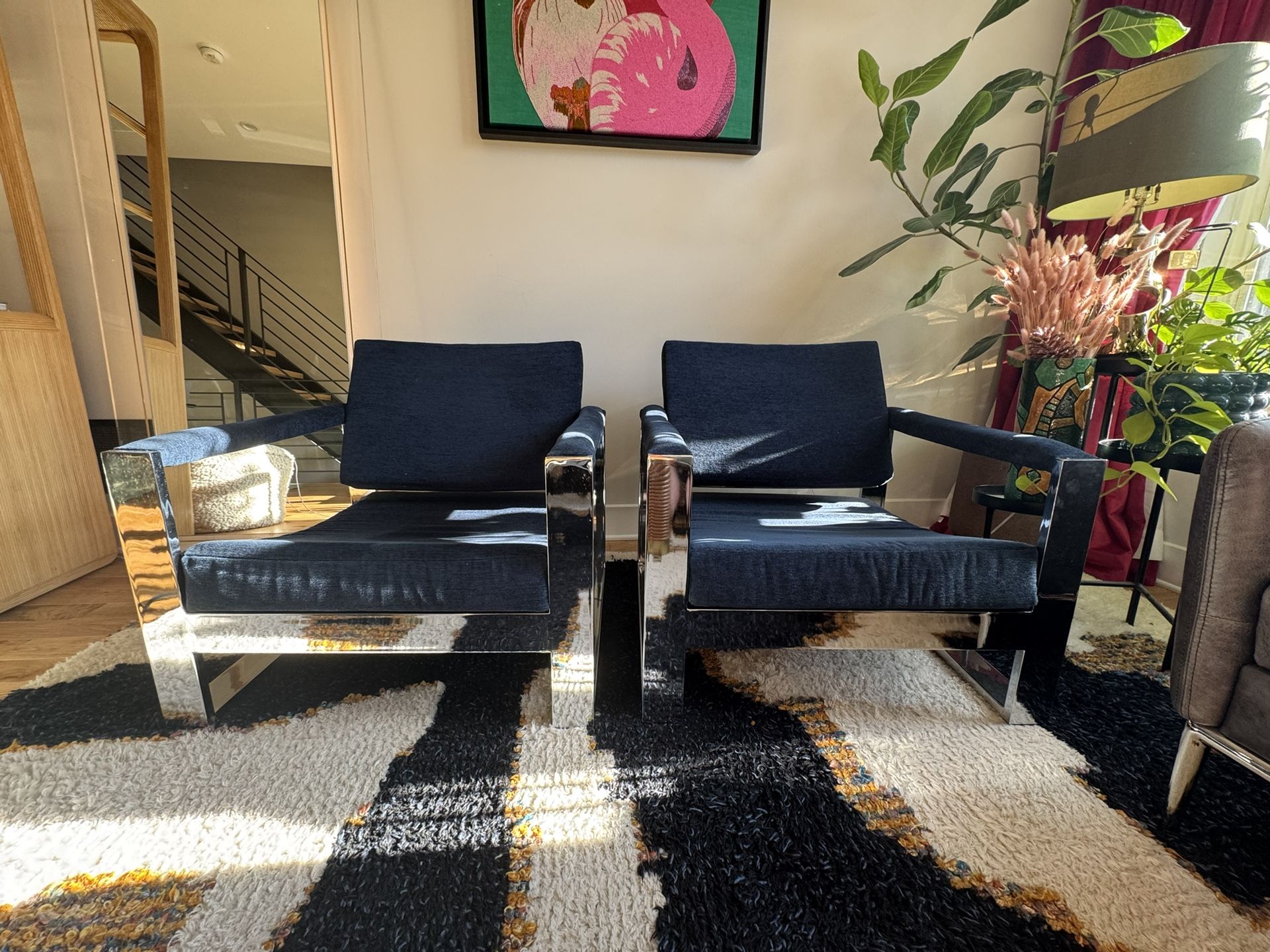 Mid Century Tank Chrome Flat Bar Lounge Chairs - Pair