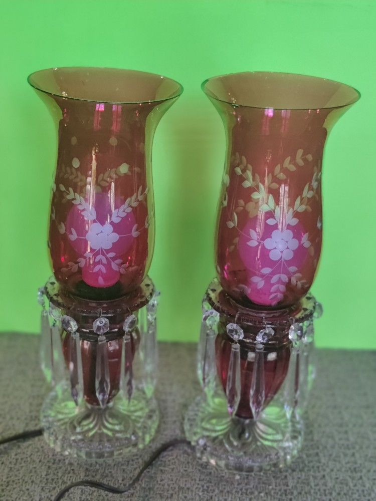 Vintage Cranberry/Red Flash and Prisms Boudoir Hurricane Table Lamps PAIR

