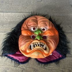 VTG Orange Gorilla Monkey Furry Rubber Monster 4 Eye Halloween Mask Fun World
