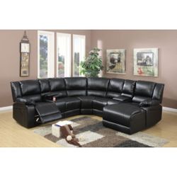 Black Faux Leather Sectional Sofa With Recliner 