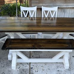 Rustic Farmhouse Dining Table Set Bench Chairs 