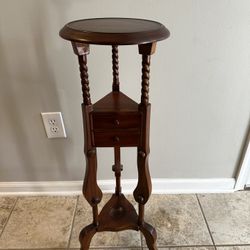 Solid Wood Mahogany Plant Stand w/ 2 Small Drawers