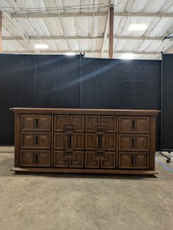 Vintage Carved Wood Long Dresser with Geometric Design