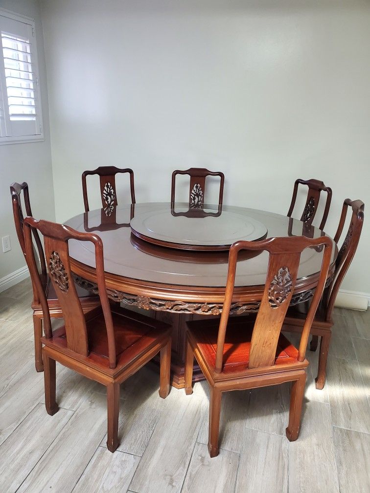 Dark Cherry Rosewood Flower and Bird Round Oriental Dining Set with 8 Chairs