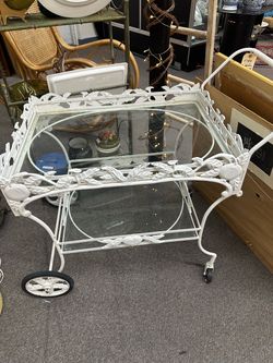 White Wrought Iron Bar Cart with Glass Shelves