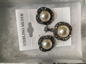 Sterling Silver Marcasite Pearl Drop Earrings