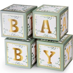 Sage Green Baby Shower Decorations, 4Pcs Baby Boxes with Gold Letters P