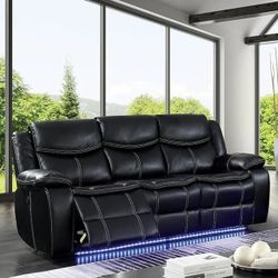 BLACK BREATHABLE LEATHERETTE LED LIGHT USB CHARGE SOFA RECLINER