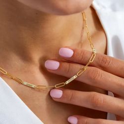 Custom Name Necklace • Engraved Bar Pendant • Paperclip Chain • Stainless Steel Jewelry • Personalized Gift for Her