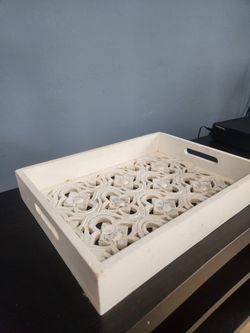Decorative Carved Wood Tray (Rustic White)