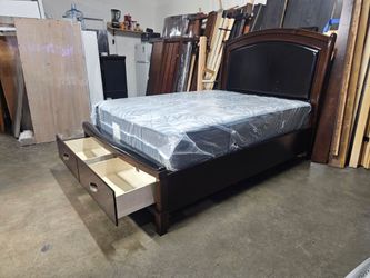 Dark Wood Queen Bed Frame with Storage Drawers