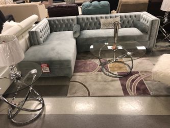 Storage velvet sectional chrome and glass coffee table set chrome and Crystal table lamp white fur Accent chair