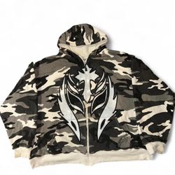Odyss3y 1 of 1 “R3Y MYST3RIO” vintage over sized waffle knitted thermal lined heavyweight camo zip hoodie with front and back print