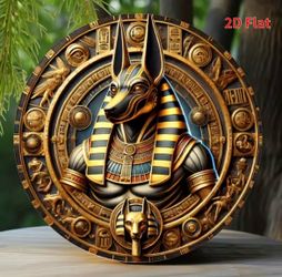 2D flat print, 1pc, Round metal tin sign - Egyptian God Anobis 8X8 round wall sign - durable, easy to clean metal decoration