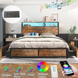 King Size Bed Frame with LED Light Headboard & Outlets, Metal Platform Bed with 4 Storage Drawers, 2 Tier Headboard