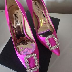 Badgley Mischka Hot Pink Satin Crystal-Embellished Pointed Pumps