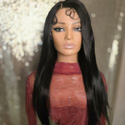 22" HD  Lace Front Synthetic Hair Wig Straight Black  Baby Hair 