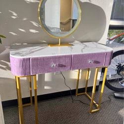 Velvet Vanity Makeup Table with 3-Color Lighted Mirror