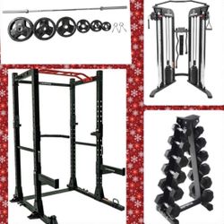 Complete Home Gym- Power Cage+ Barbell+ 255lbs + Dumbbells+ Cable Machine+ Bench