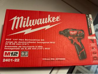 New Milwaukee. M12 12V 1/4 in. Hex Screwdriver Kit w/ (2) 1. 5Ah Batteries, Charger,