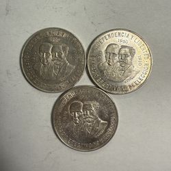 Lot Of 3 “Dos Caritas” 1960 Mexican 10 Pesos Coins .900 Fine Silver
