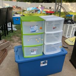One Big Blue Storage Bins And 2 Storage Bins With Draws