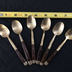6 Brass and Wood 4 Inch Dessert/Espresso Spoons. Tang Extends  Entire Handle. 