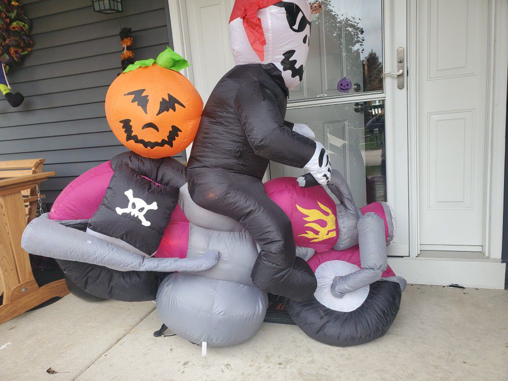Halloween blowup skeleton on motorcycle