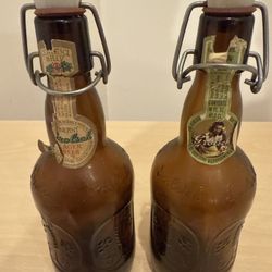 Vintage Grolsch Beer Bottles Porcelain Top, Brown Amber Glass, Embossed 16oz - 2