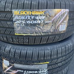 (4) 225/60R17 SET OF NEW TIRES BLACKHAWK 50.000 MILES ! INSTALLED AND BALANCE!