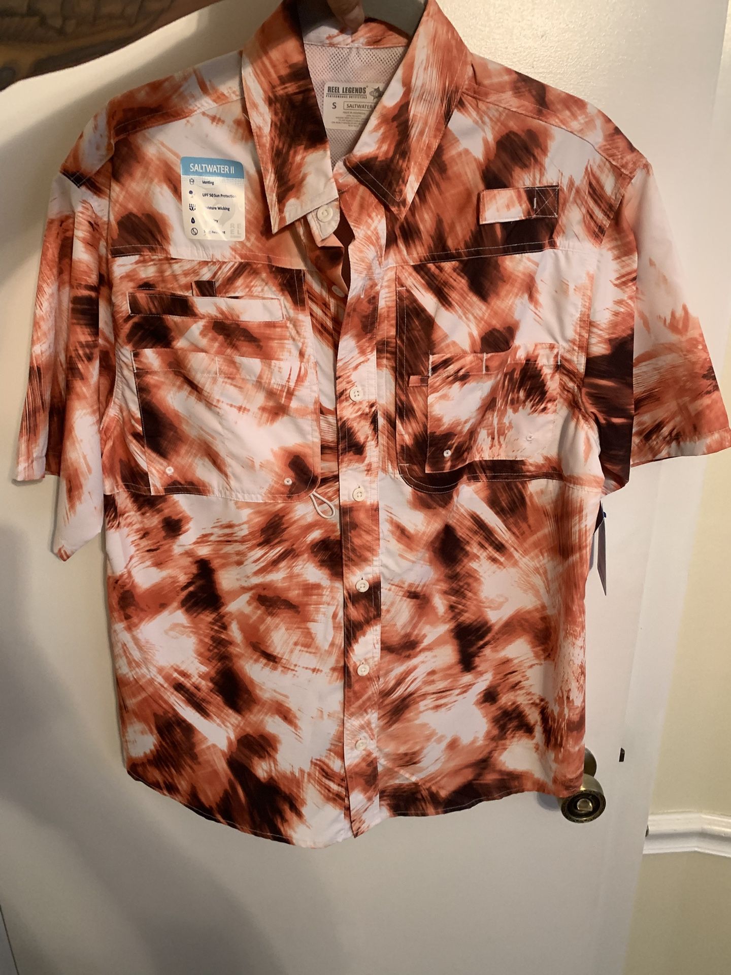 Reel Legends Fishing Shirt-Men’s Small Saltwater II, Orange White Tie Dye Short Sleeve NWT $40