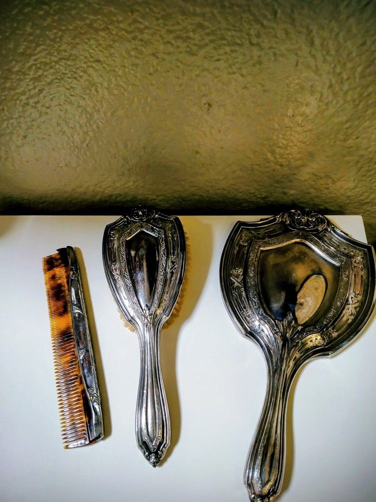 Antique Victorian Silver Plate Vanity Dressing Table Beveled Mirror Comb Brush Set 