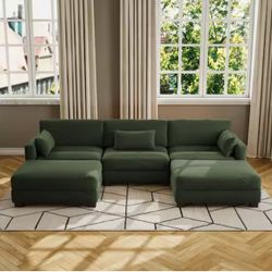 123 in. Square Arm 5-Piece Corduroy Upholstered U-Shaped Sectional Sofa in Green