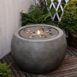 Garden Water Fountain Outdoor Large Round Bubbler Water Feature Indoor with Lights & Pump and Pebbles Concrete Effect for Patio Pool Pond Yard Home De