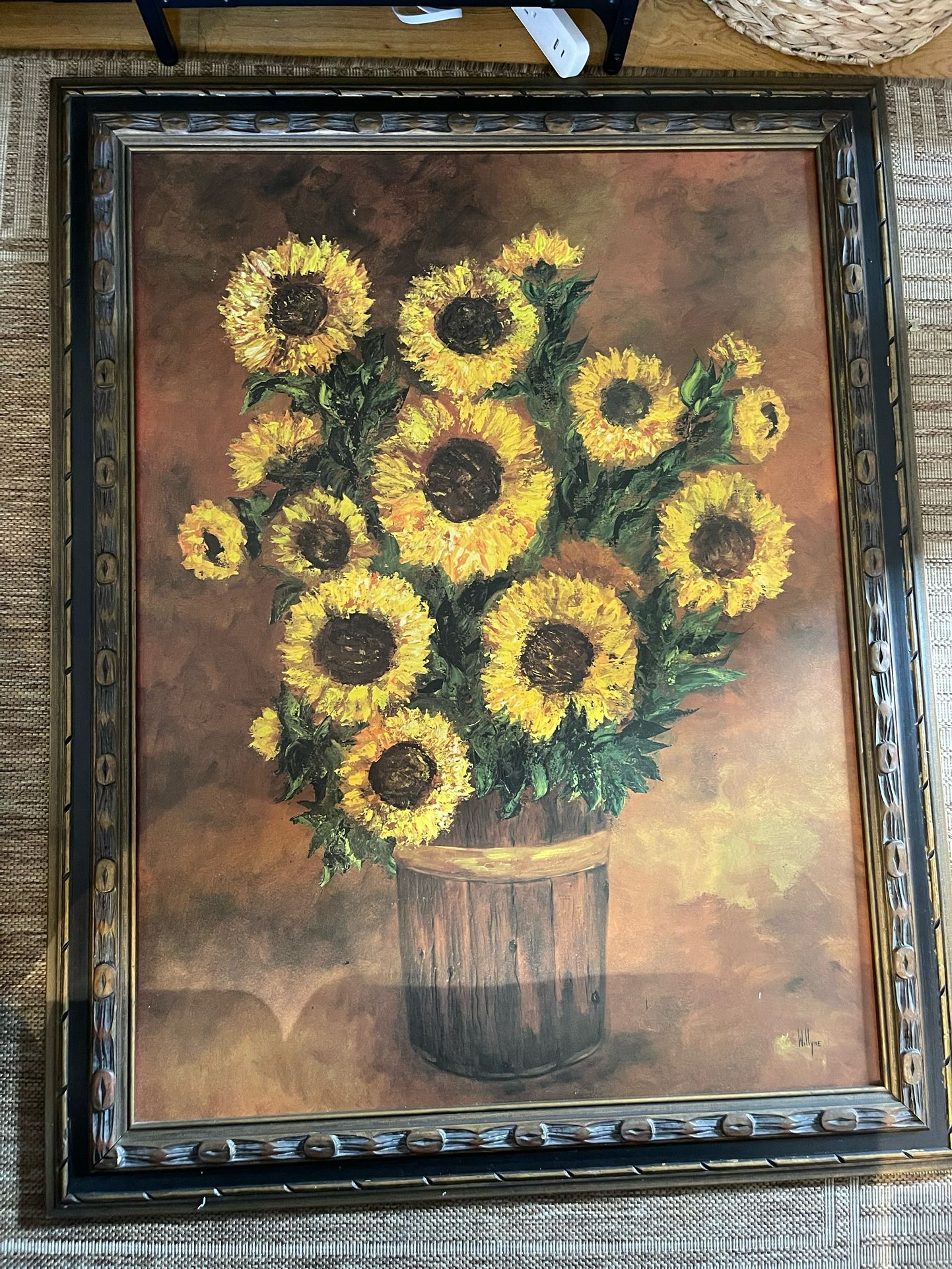 Wood hand Carved Frame With Sunflower Painting