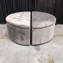 Gray Velvet Tufted Round Storage Ottoman