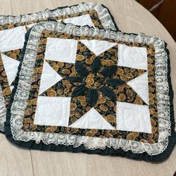 Vintage Quilted Star Pillow Cover w/ Sunflower Fabric & Lace Ruffle