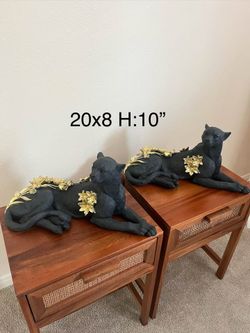 Black leopard sculpture with gold flowers set of two