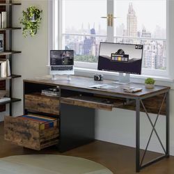 55 in. Rectangular Rustic Brown Office Desk with Storage File Drawers and Keyboard Tray