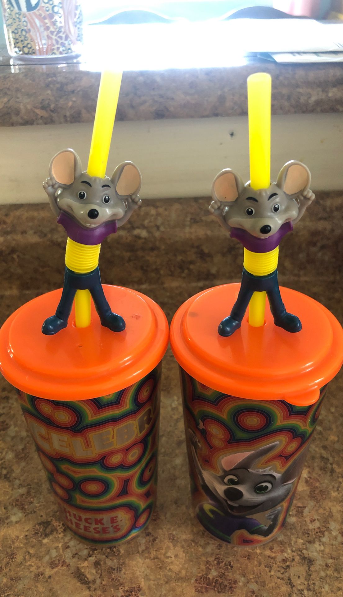 Chuck E Cheese cups with bendy straw